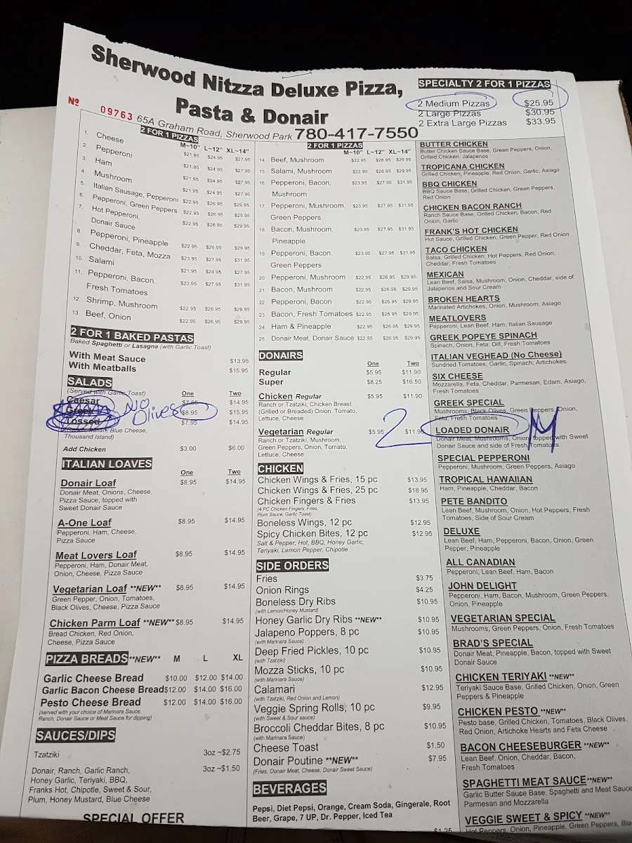 Menu, Sherwood Pizza