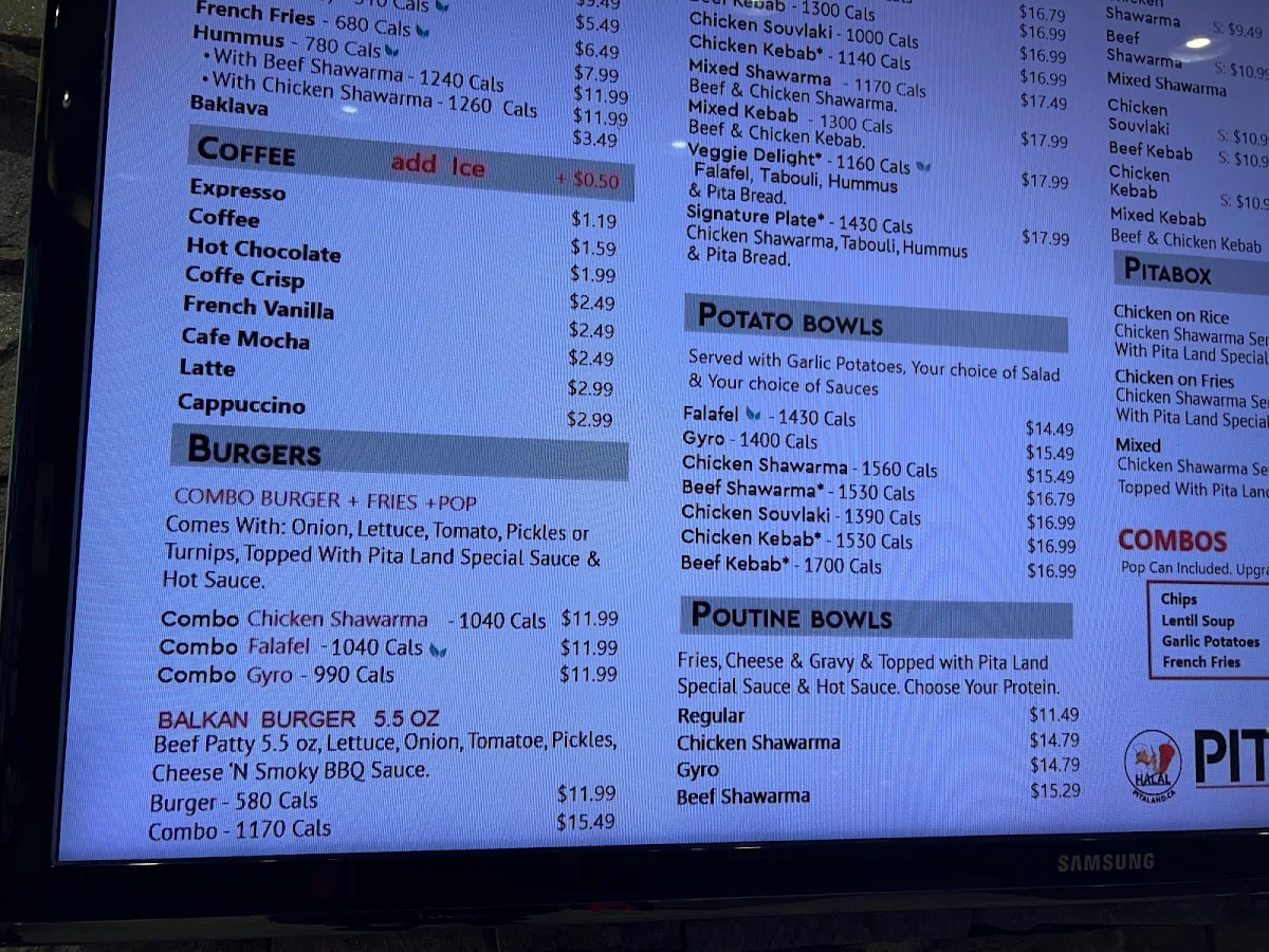 Menu, Pita Land - Spadina