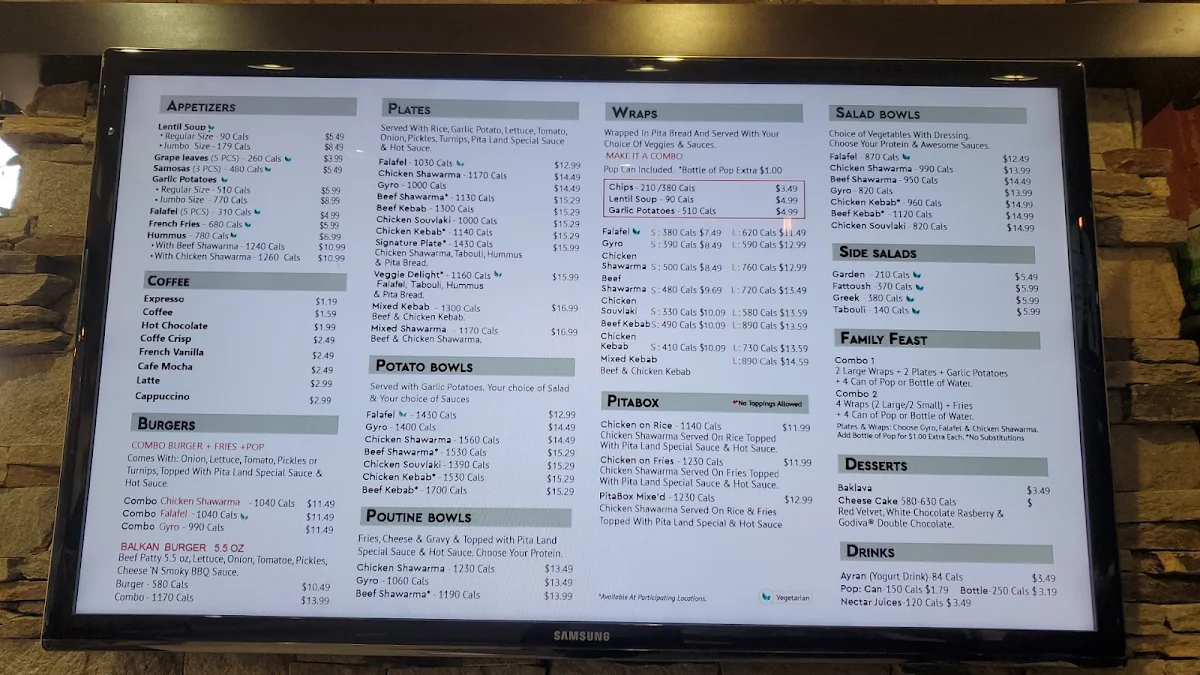 Menu, Pita Land - Spadina