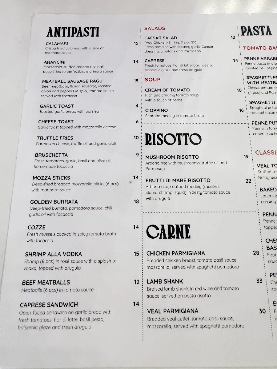 Menu, YYC Pasta Bar Douglas