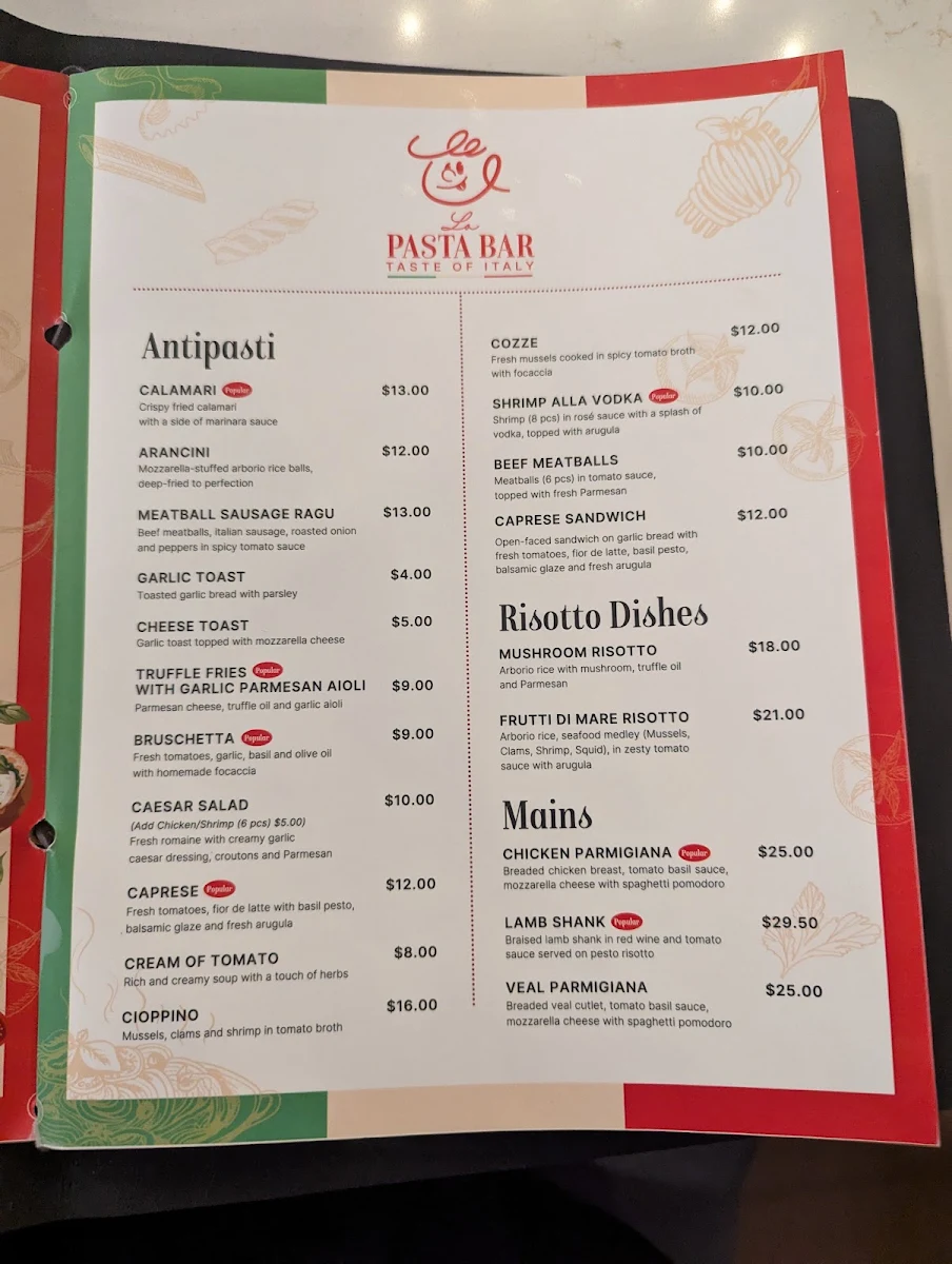 Menu, YYC Pasta Bar Douglas