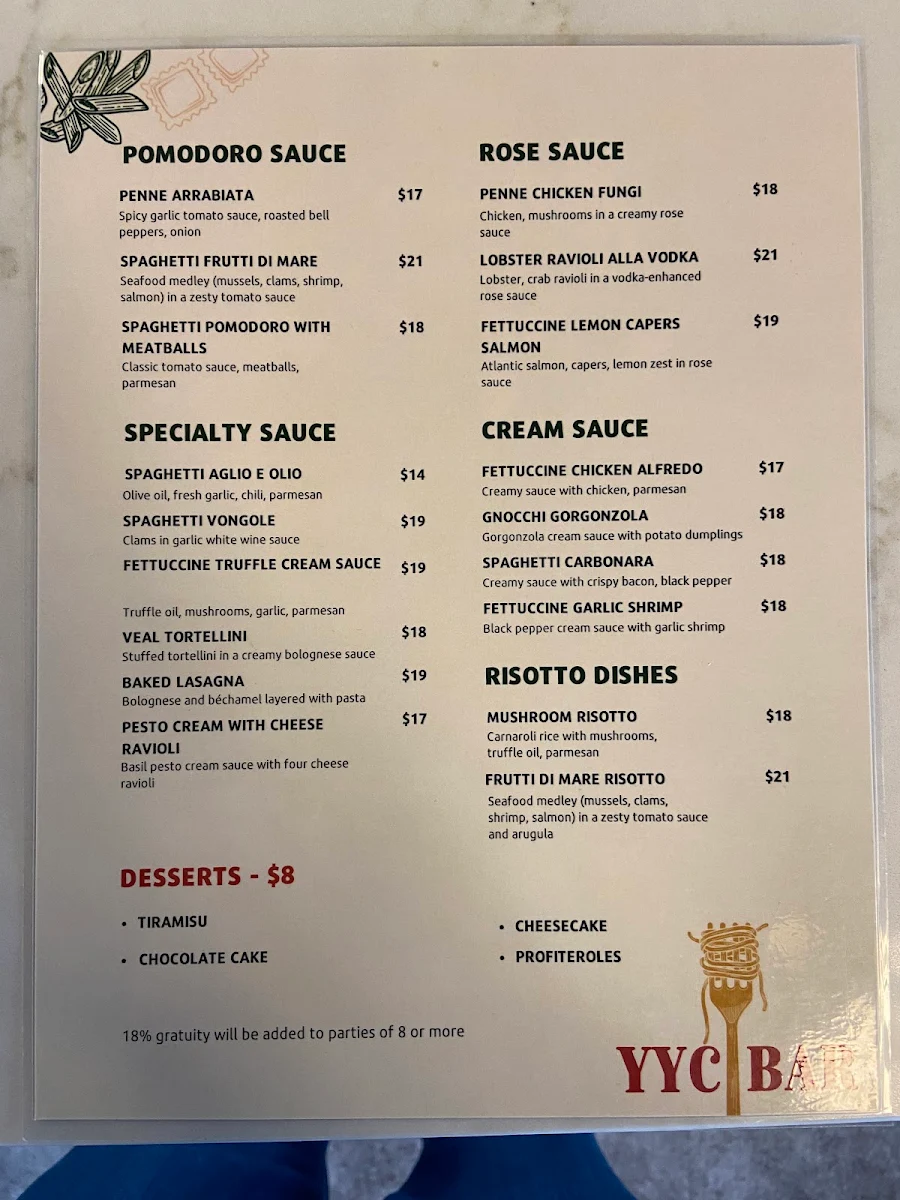 Menu, YYC Pasta Bar Douglas