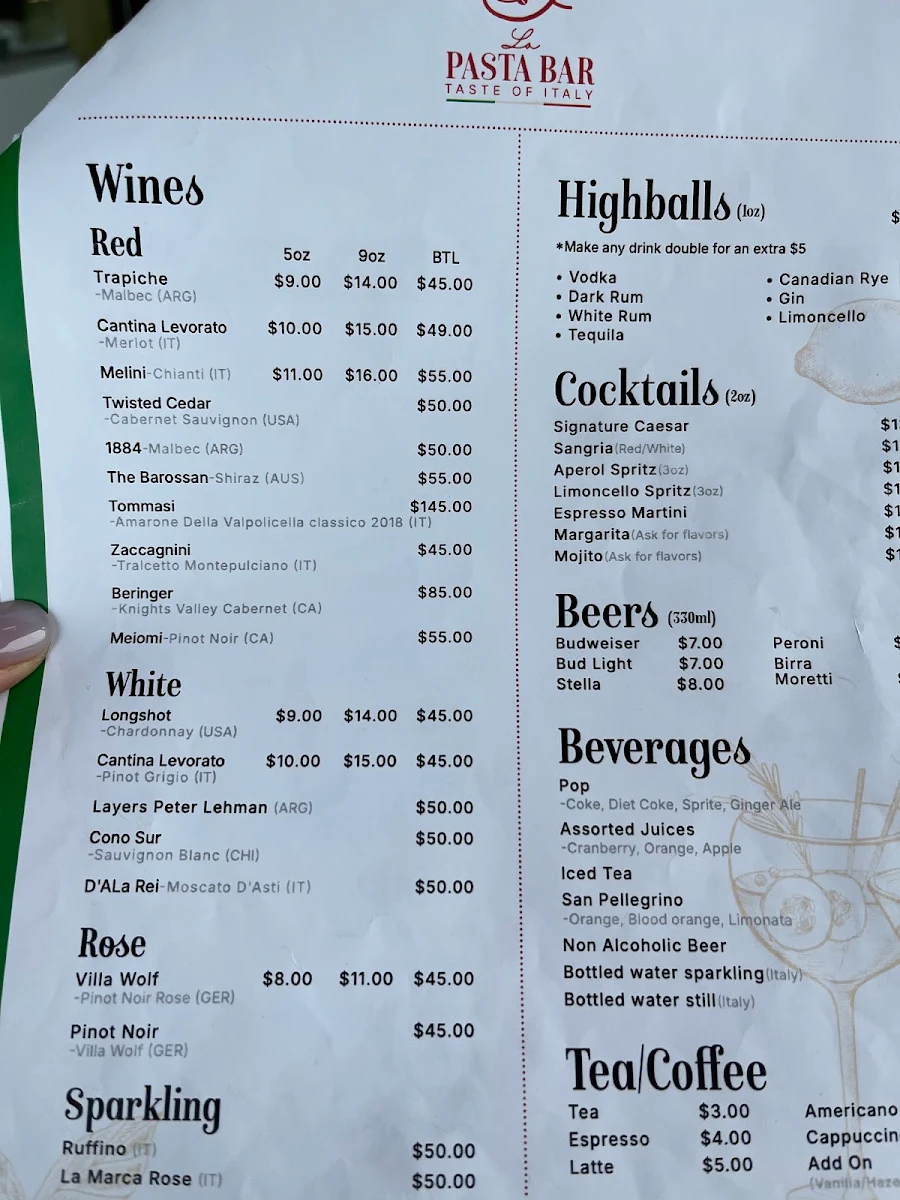 Menu, YYC Pasta Bar Douglas