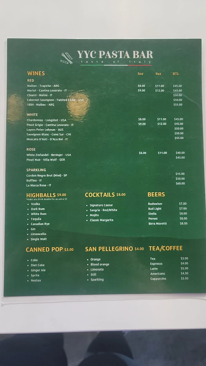 Menu, YYC Pasta Bar Douglas