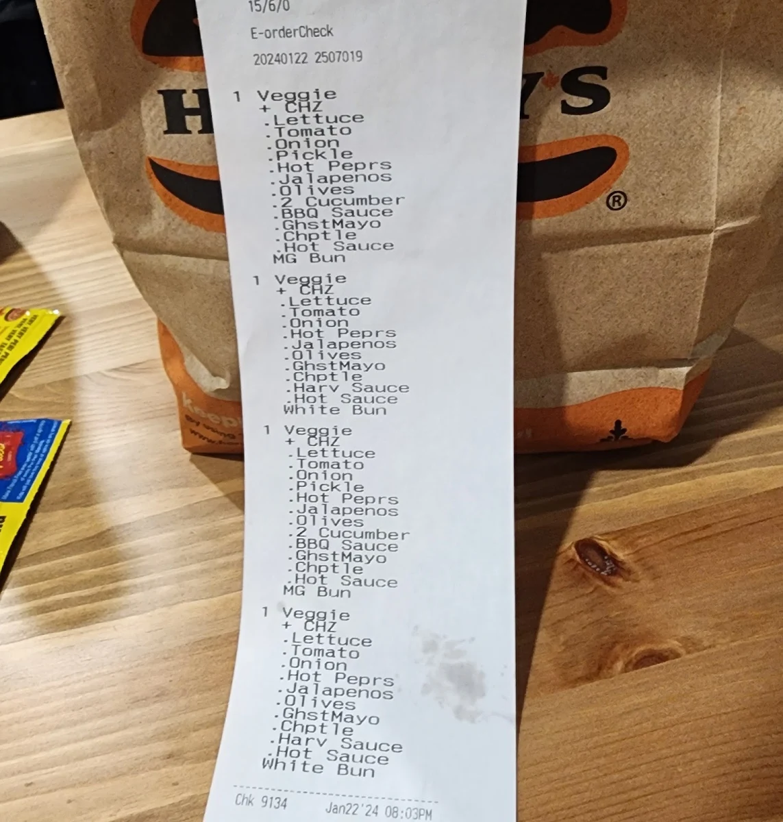 Menu, Harvey's