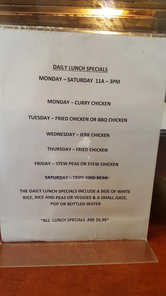 Menu, SunRise Caribbean Restaurant