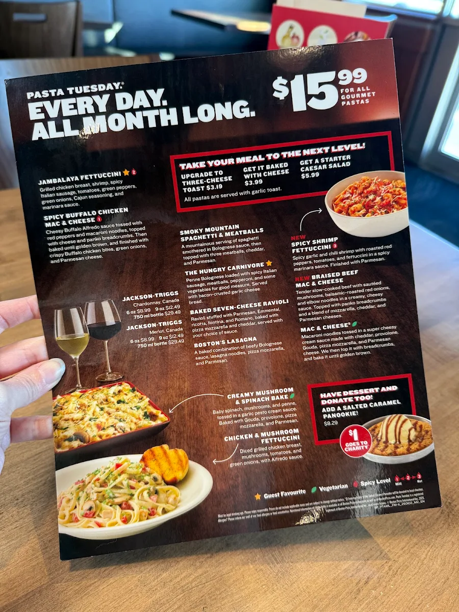 Menu, Boston Pizza