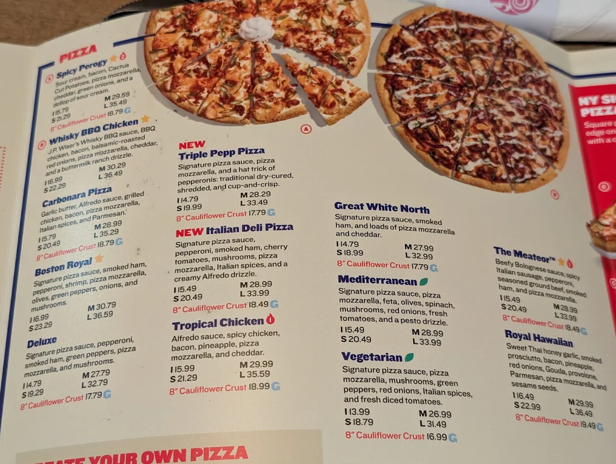 Menu, Boston Pizza