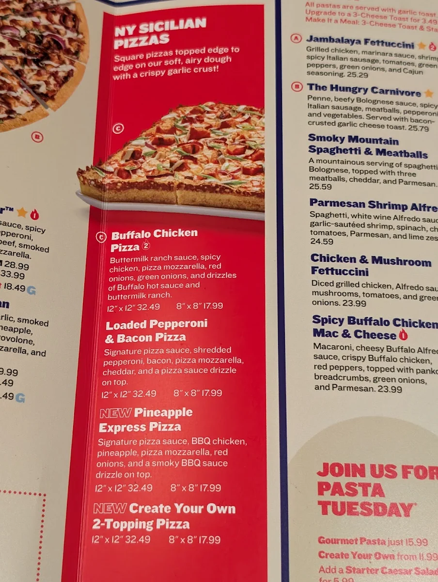 Menu, Boston Pizza