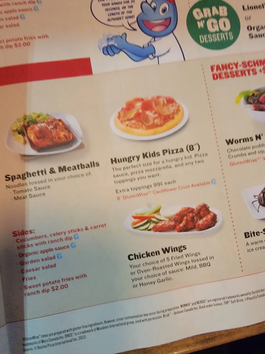 Menu, Boston Pizza