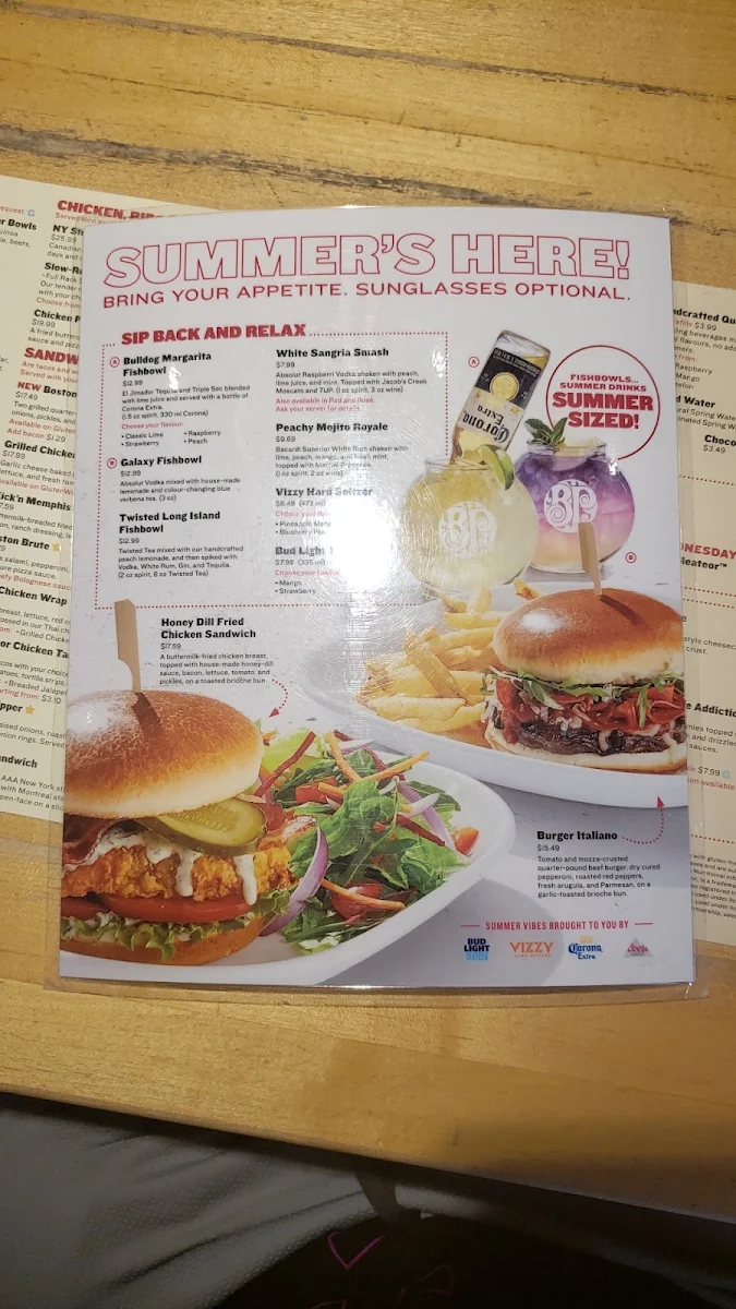 Menu, Boston Pizza