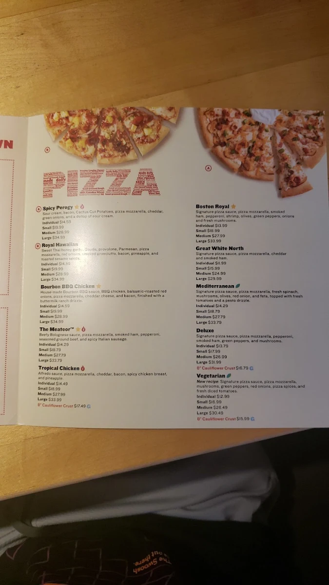 Menu, Boston Pizza