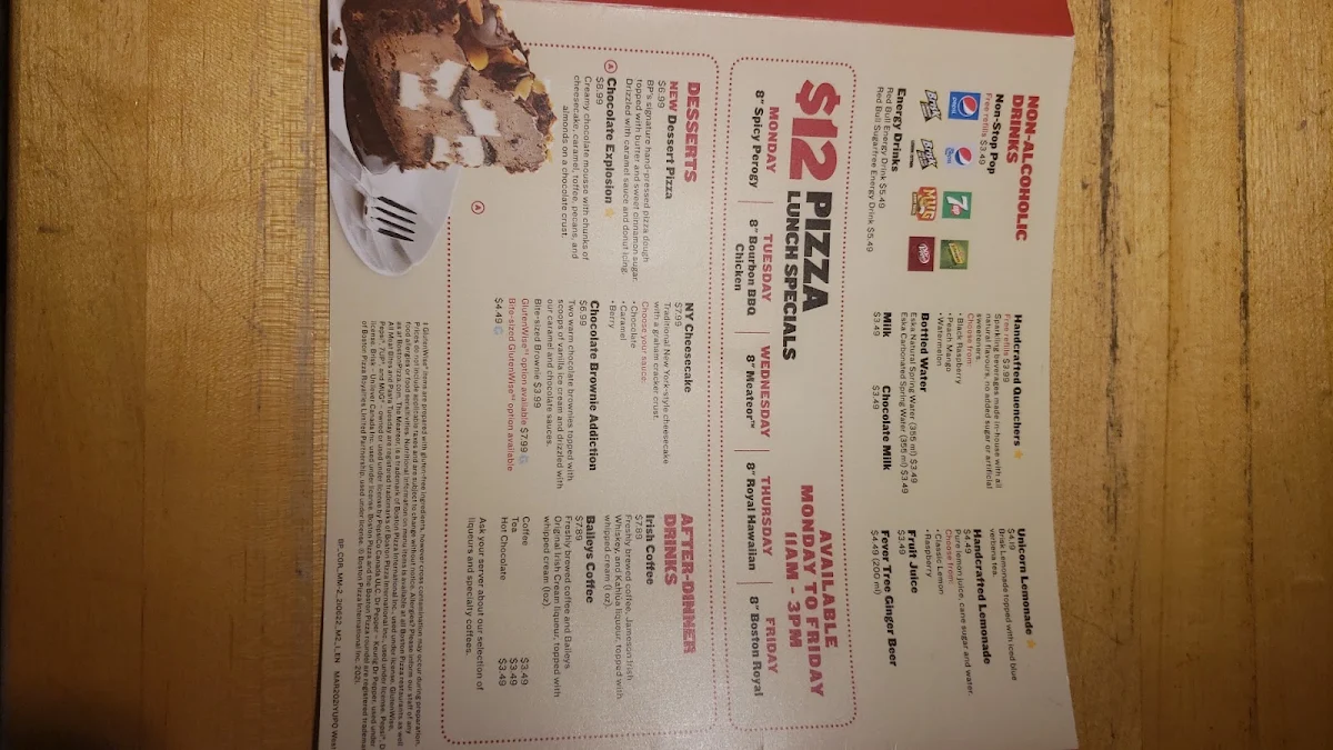 Menu, Boston Pizza
