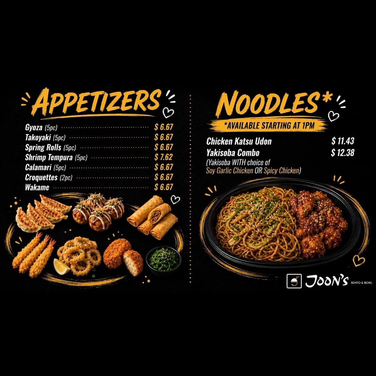 Menu, JOON’s Bento & Bowl