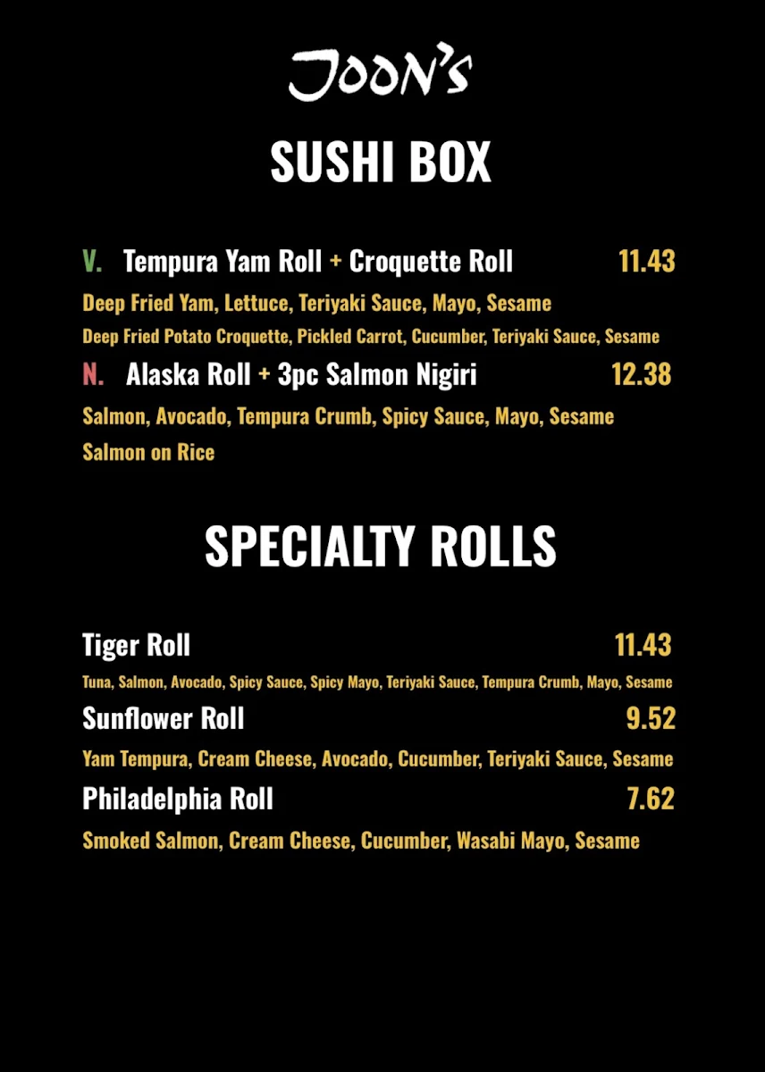 Menu, JOON’s Bento & Bowl
