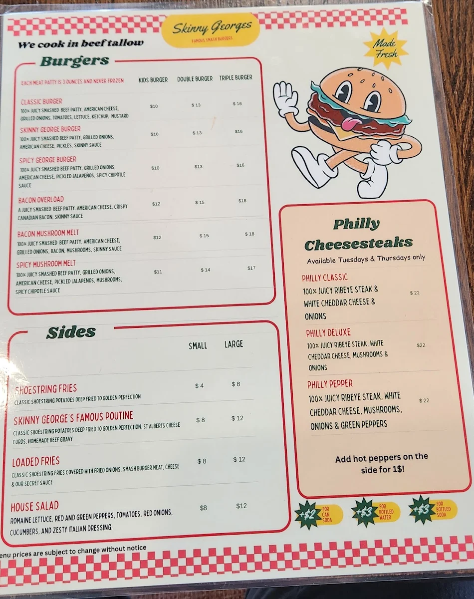 Menu, Skinny George's Smash Burgers & cheesesteaks