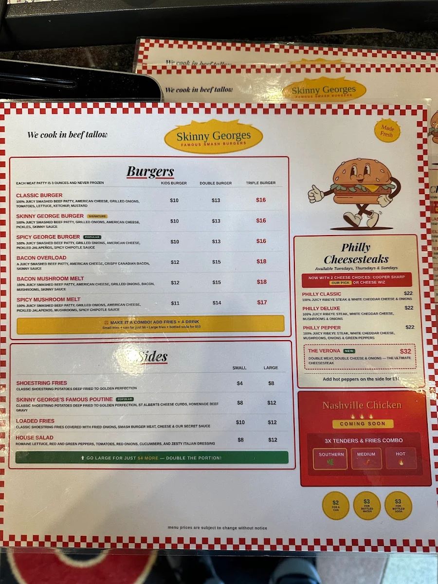 Menu, Skinny George's Smash Burgers & cheesesteaks
