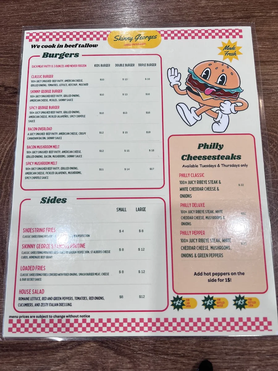 Menu, Skinny George's Smash Burgers & cheesesteaks