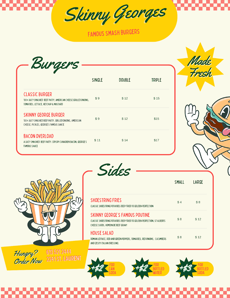 Menu, Skinny George's Smash Burgers & cheesesteaks