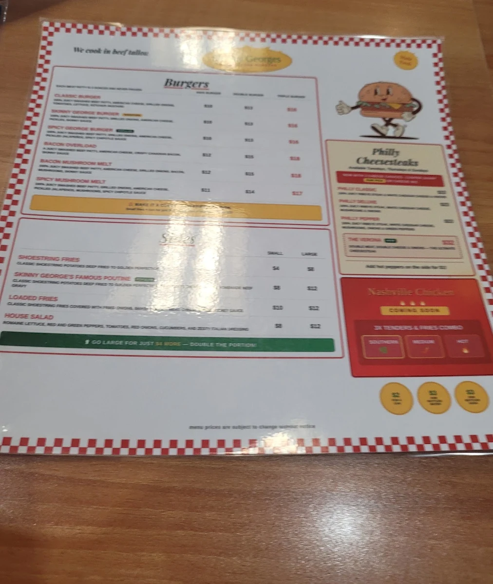 Menu, Skinny George's Smash Burgers & cheesesteaks