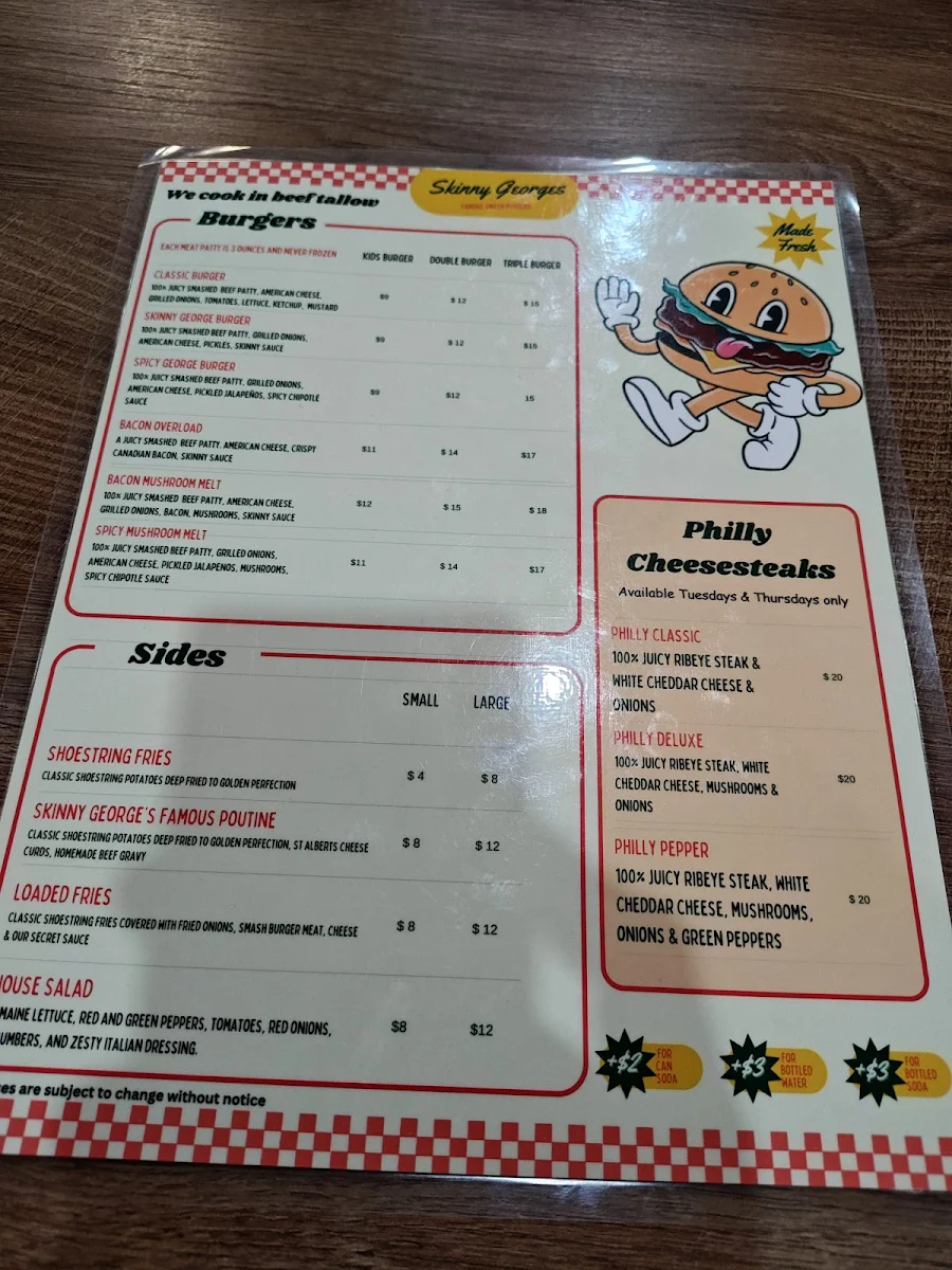 Menu, Skinny George's Smash Burgers & cheesesteaks