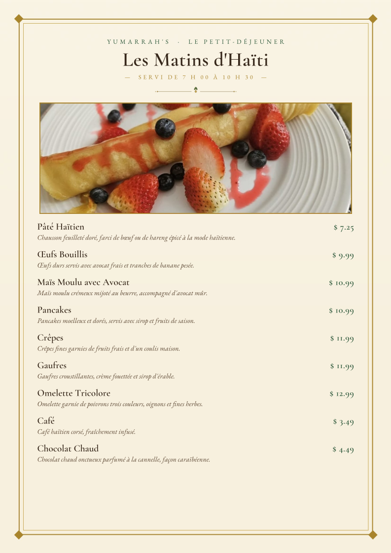 Menu, Yumarrha’s Restaurant