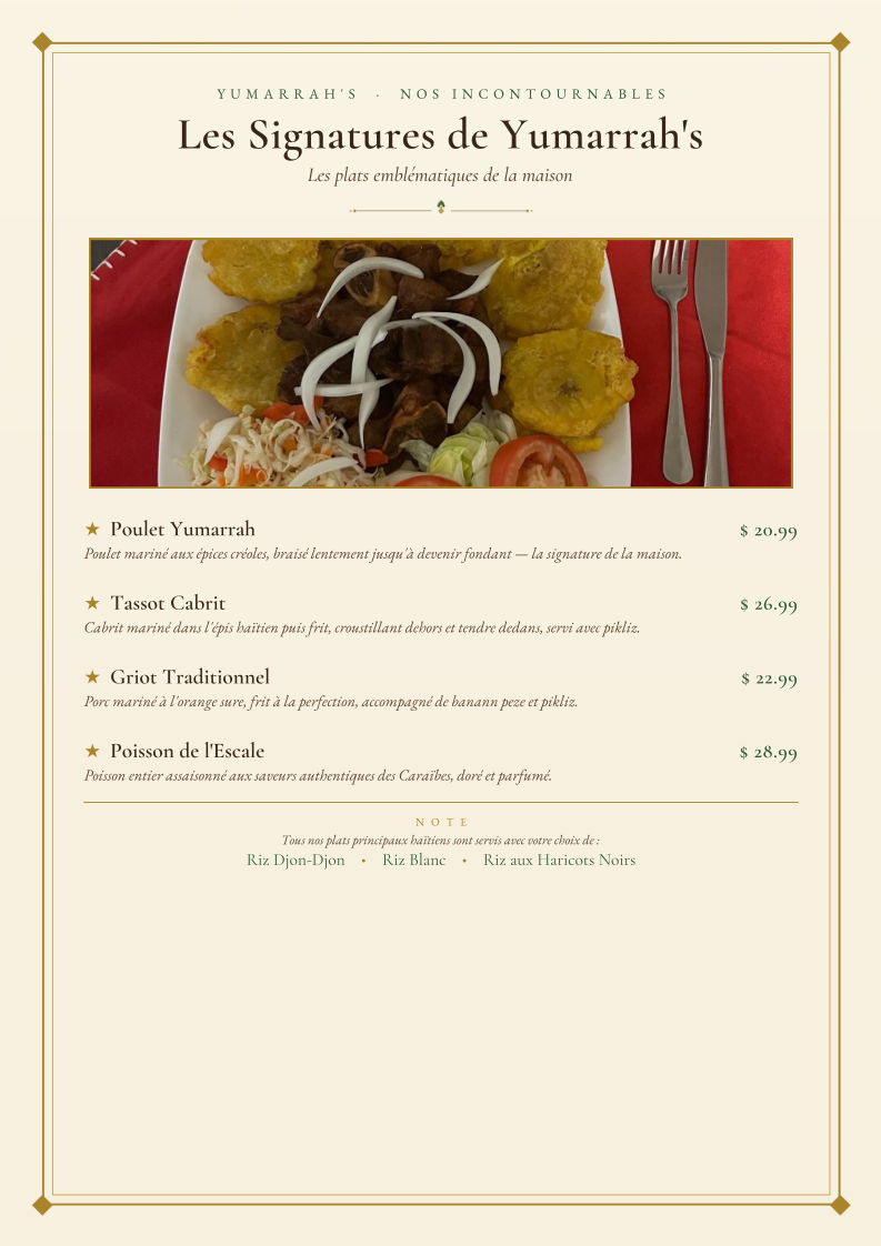Menu, Yumarrha’s Restaurant
