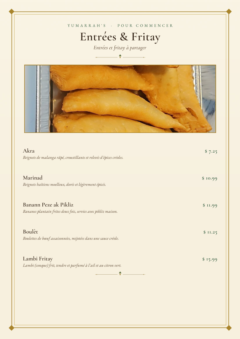 Menu, Yumarrha’s Restaurant