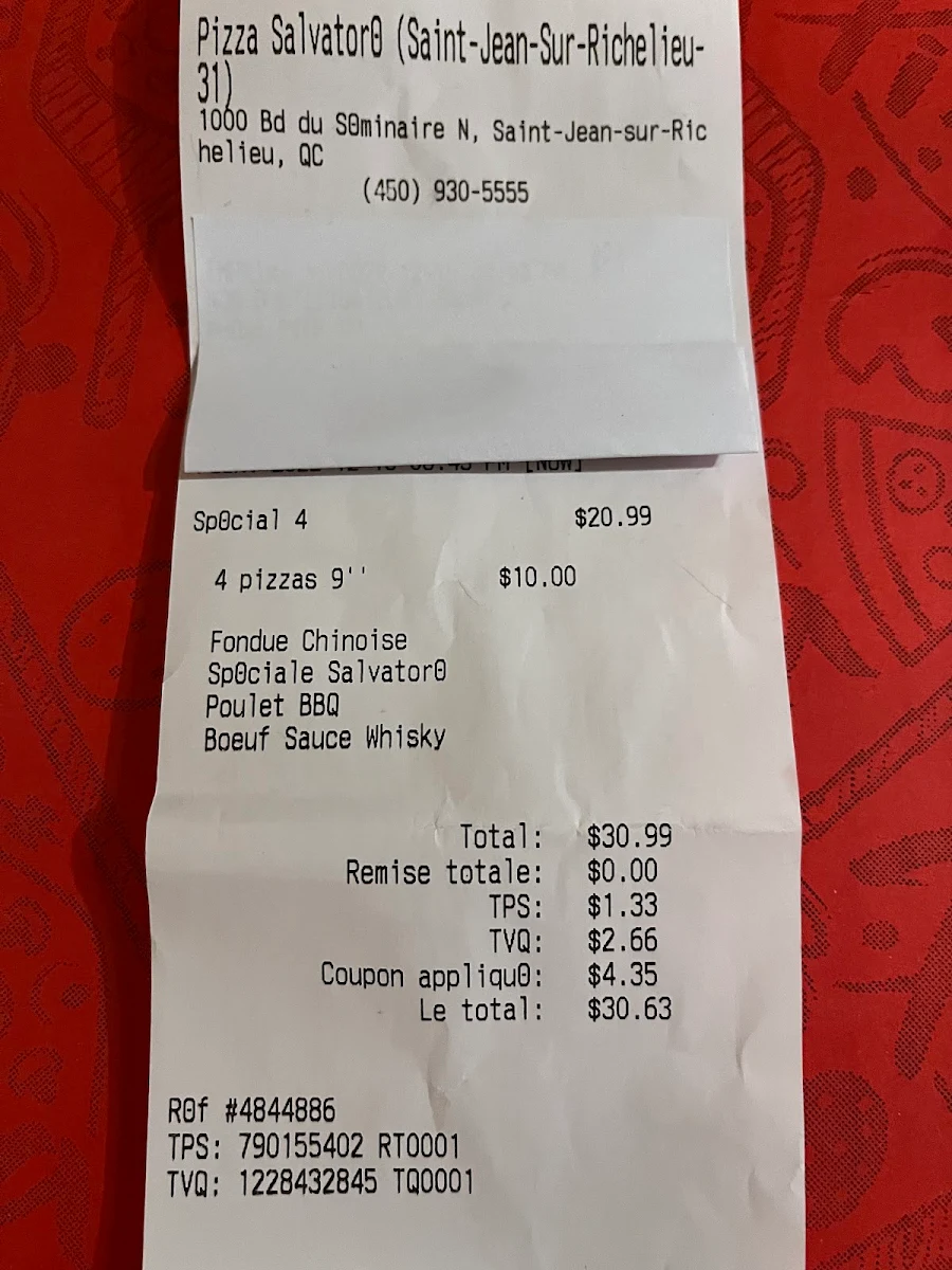 Menu, Pizza Salvatoré
