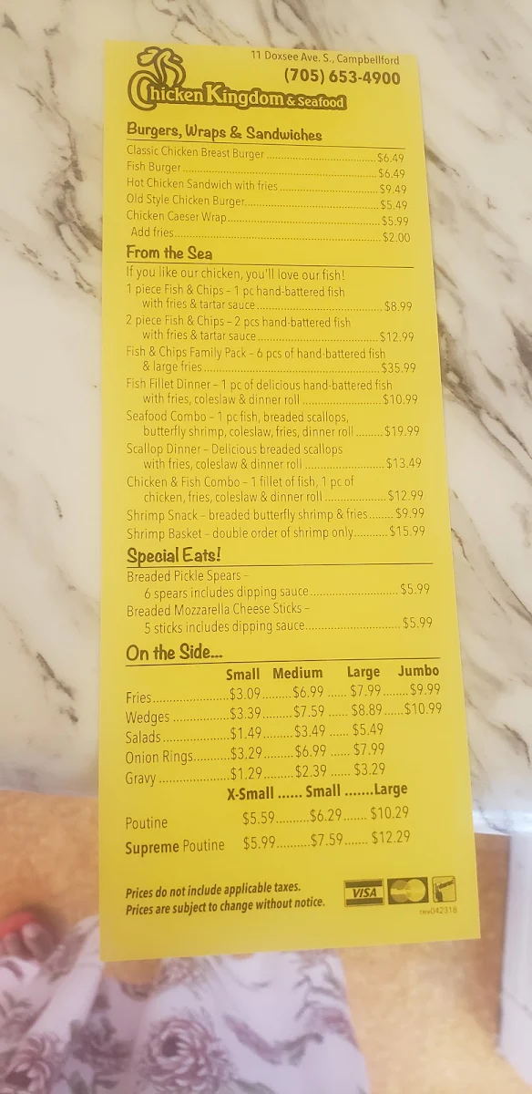 Menu, Chicken Kingdom & Seafood