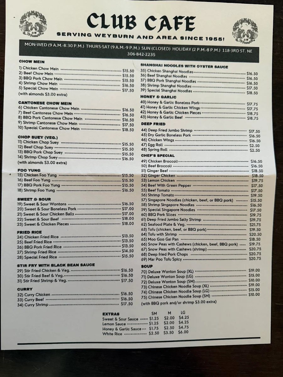 Menu, Club Café