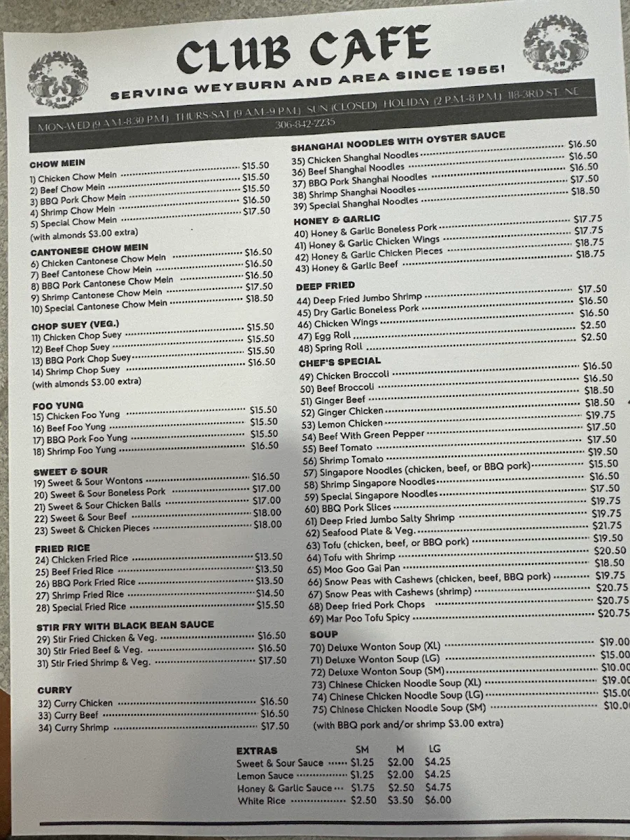 Menu, Club Café