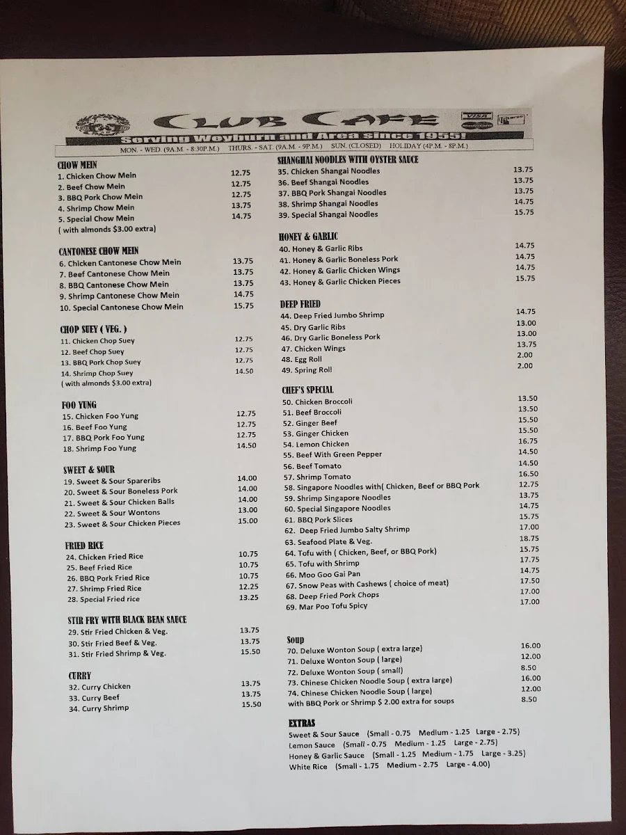 Menu, Club Café