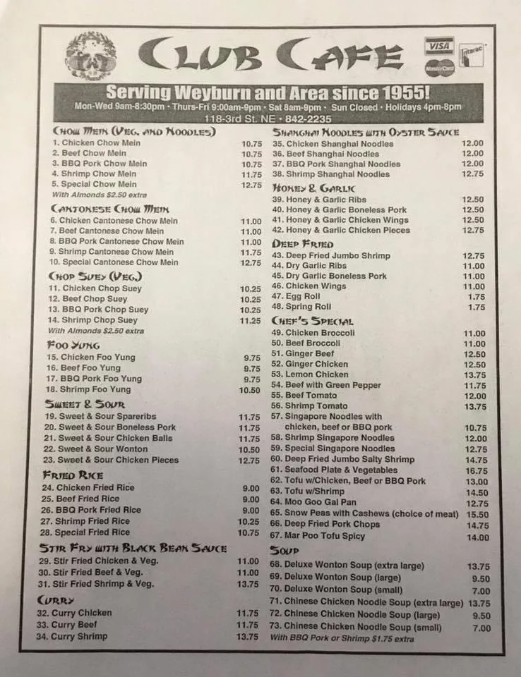 Menu, Club Café