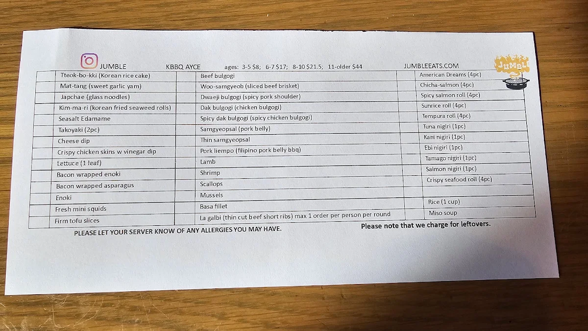 Menu, Jumble Eats - Red Deer - BBQ - Hotpot - Sushi