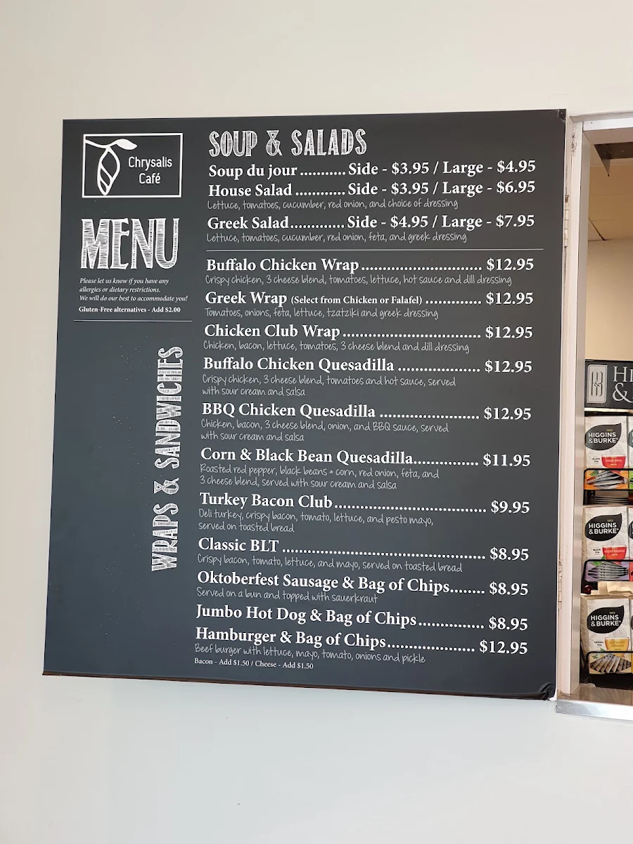 Menu, Chrysalis Cafe