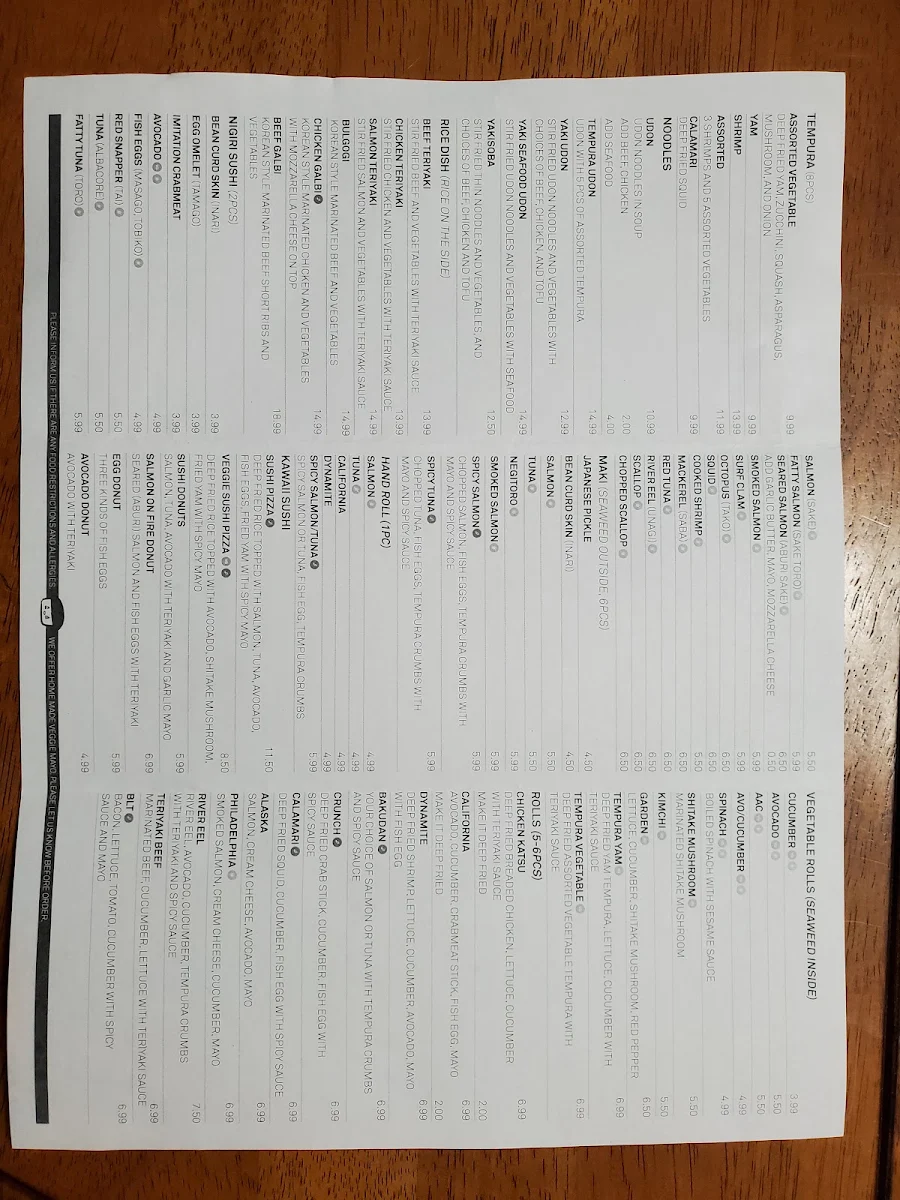 Menu, Amai Sushi