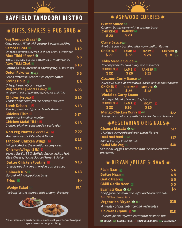 Menu, Bayfield Tandoori Bistro