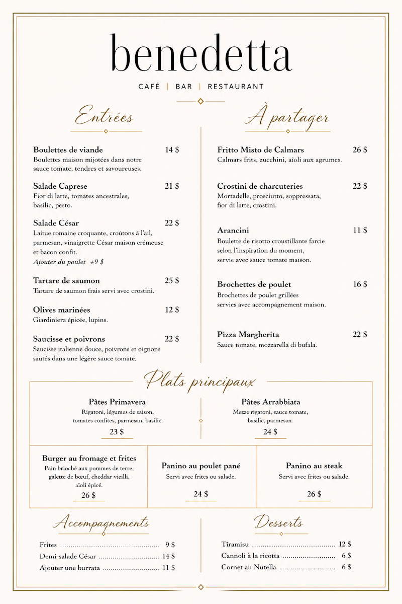 Menu, Benedetta Garden