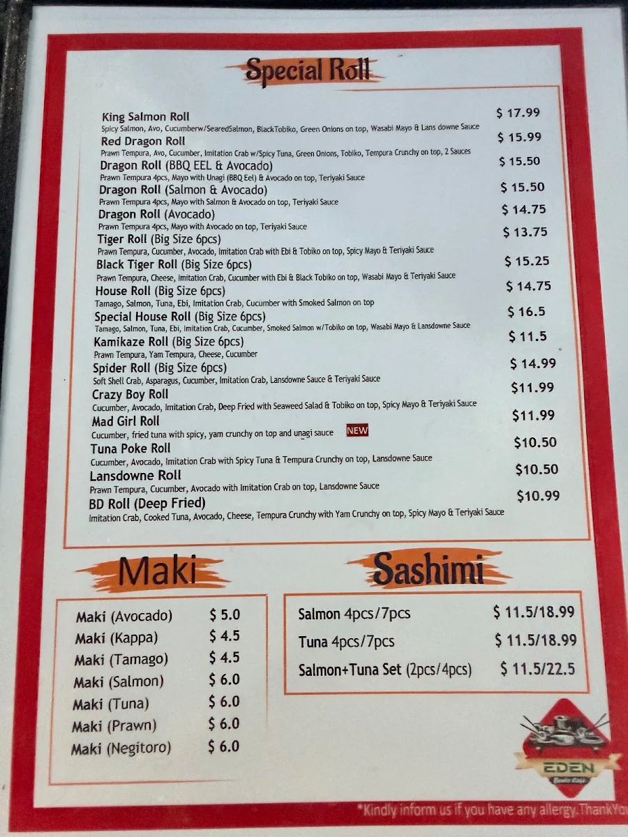 Menu, Eden Bento Café