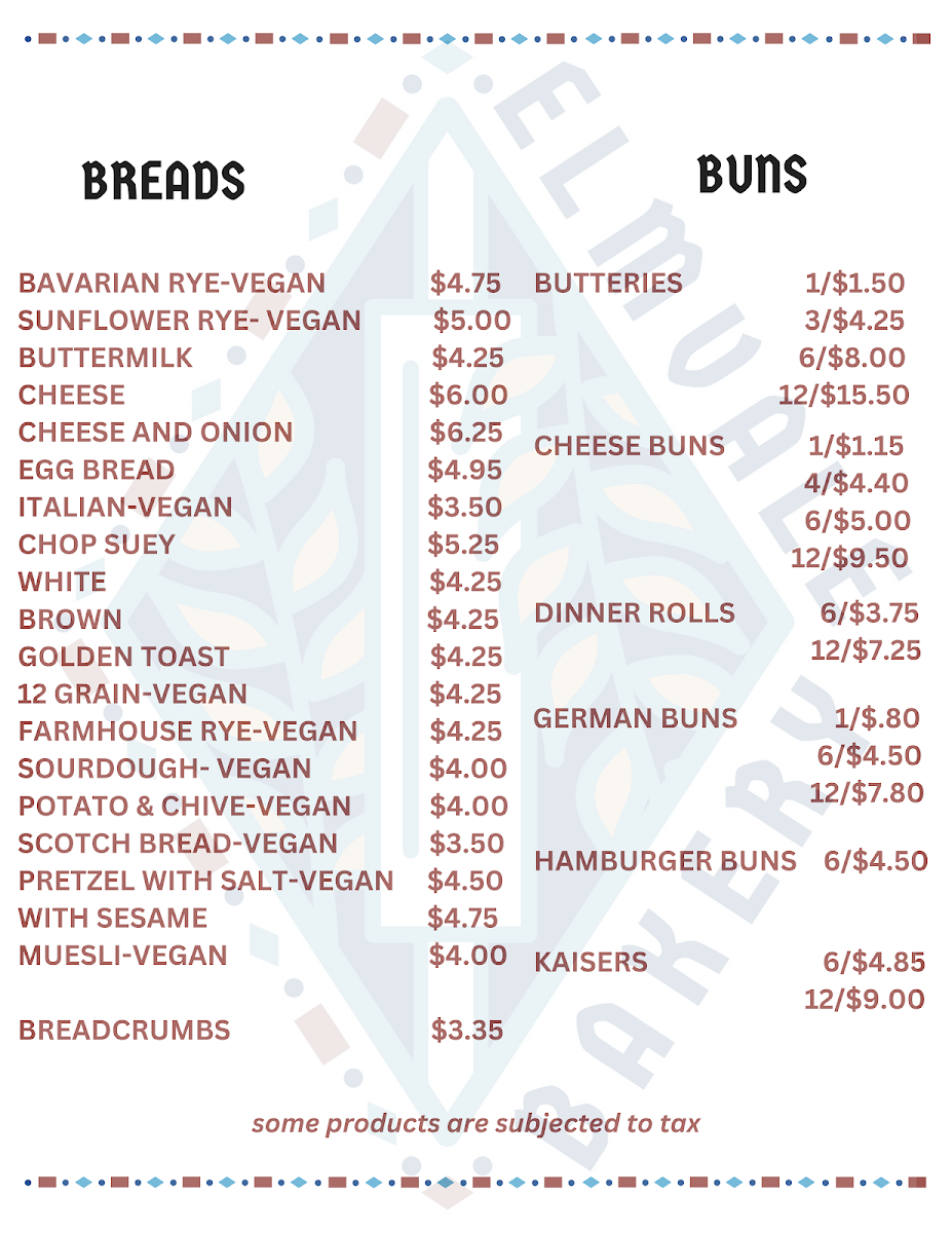 Menu, Elmvale Bakery