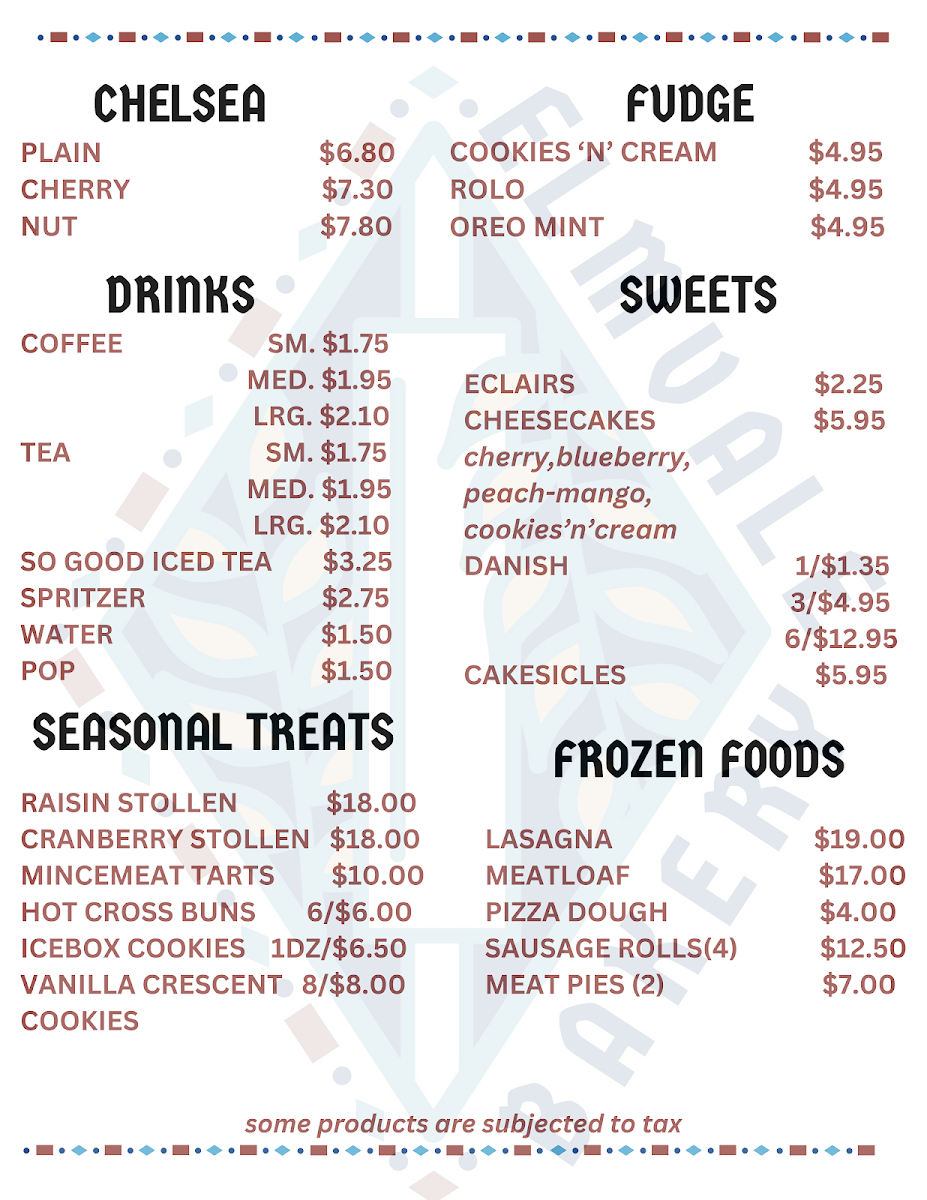 Menu, Elmvale Bakery
