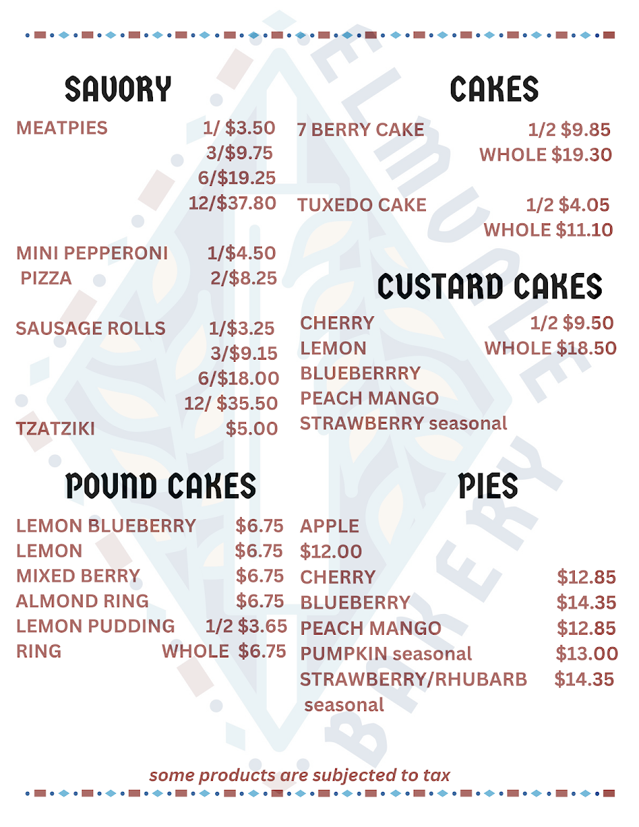 Menu, Elmvale Bakery