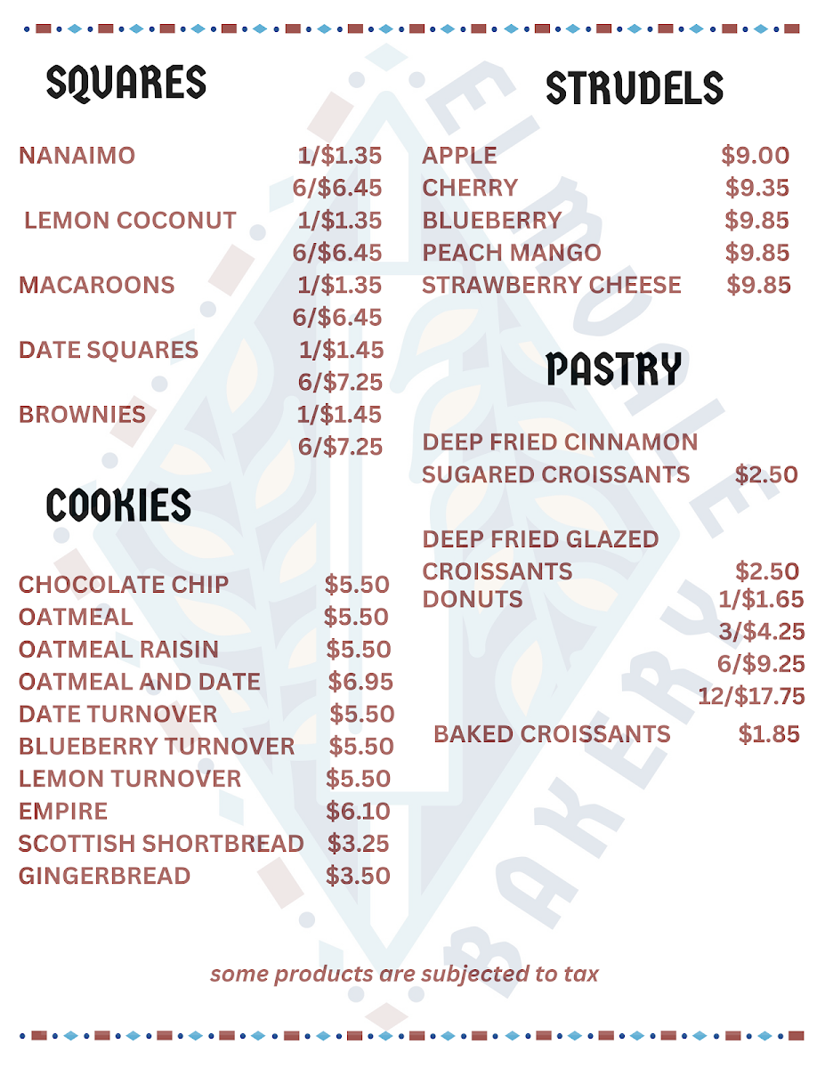 Menu, Elmvale Bakery