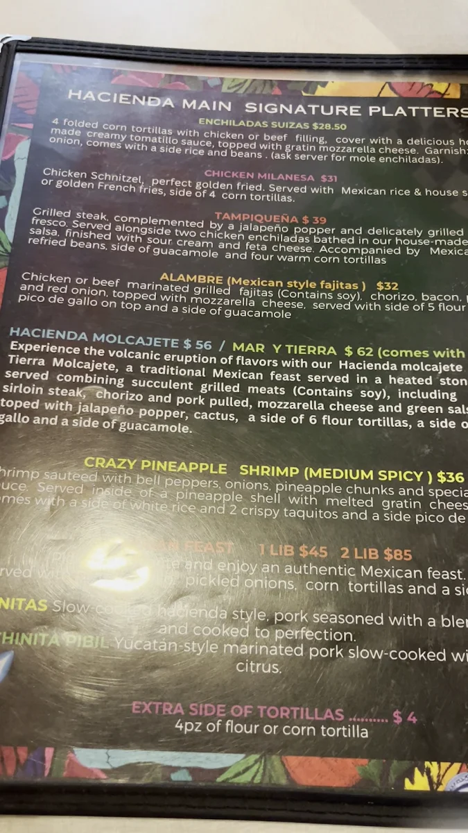 Menu, Hacienda Cielito Lindo