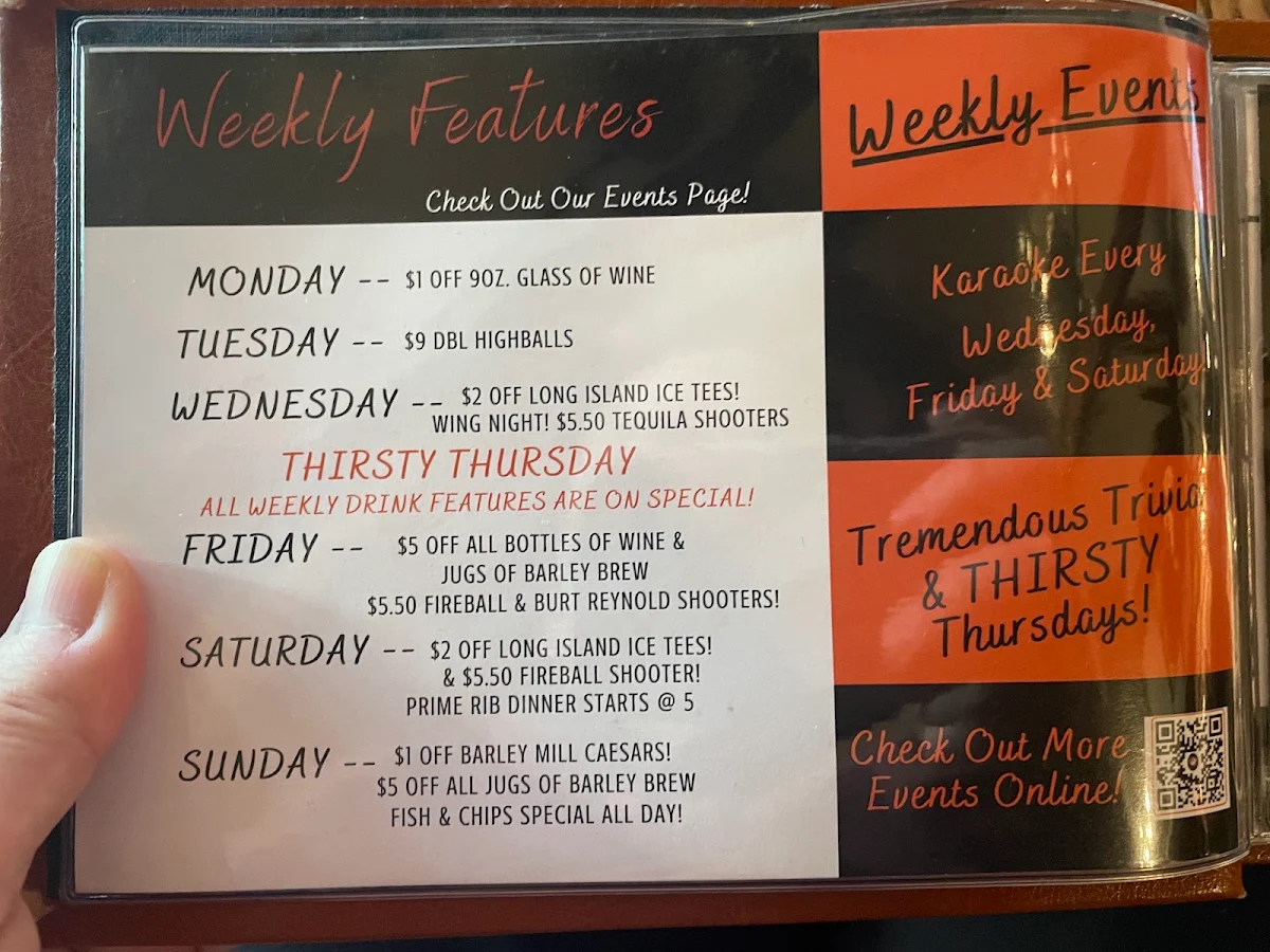 Menu, Barley Mill Brew Pub