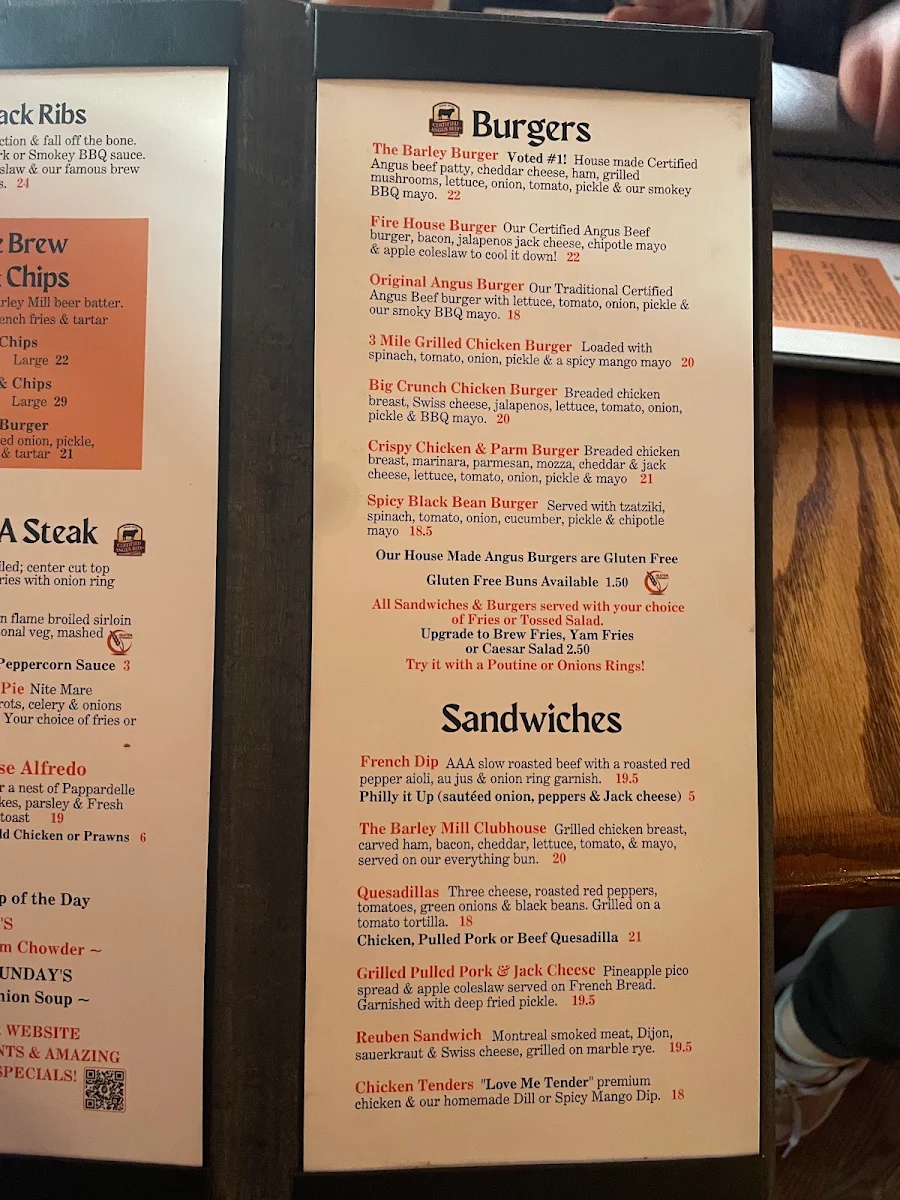 Menu, Barley Mill Brew Pub
