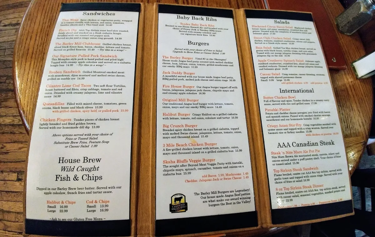 Menu, Barley Mill Brew Pub