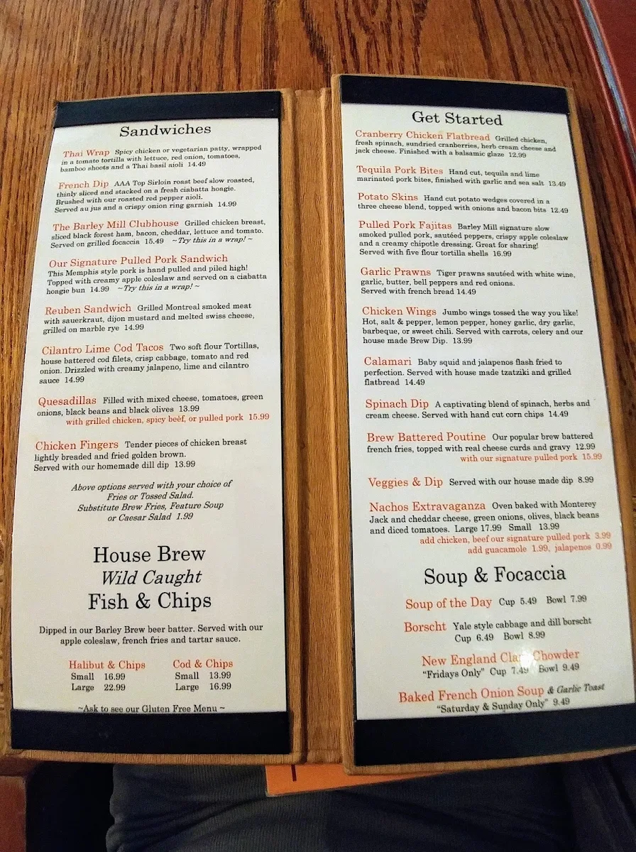Menu, Barley Mill Brew Pub