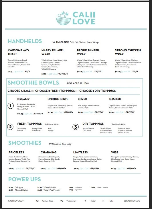 Menu, Calii Love - Queen West